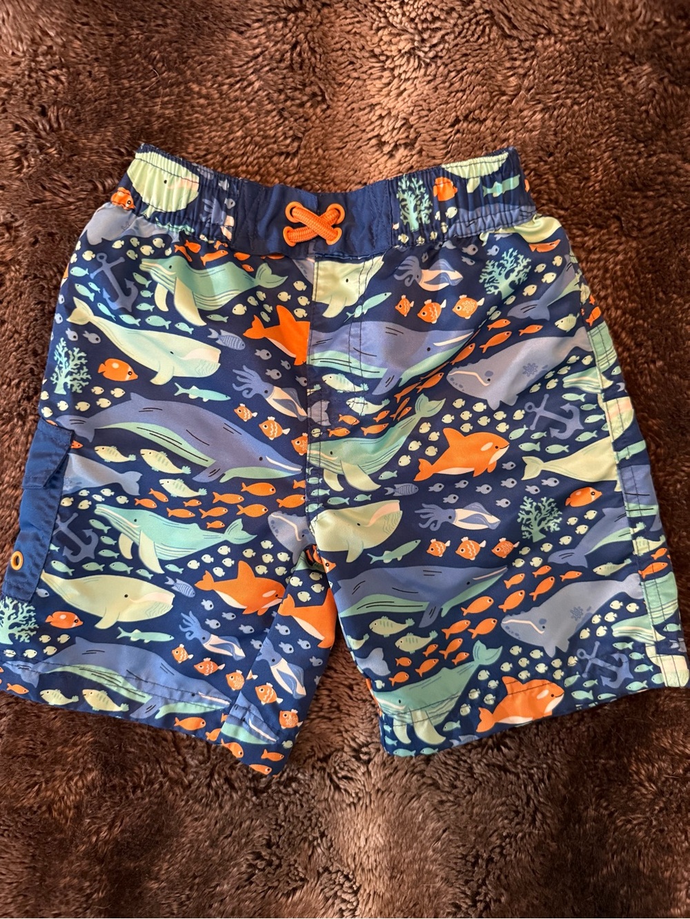 Toddler Navy Ocean-Print Swim Trunks with Orange Accents